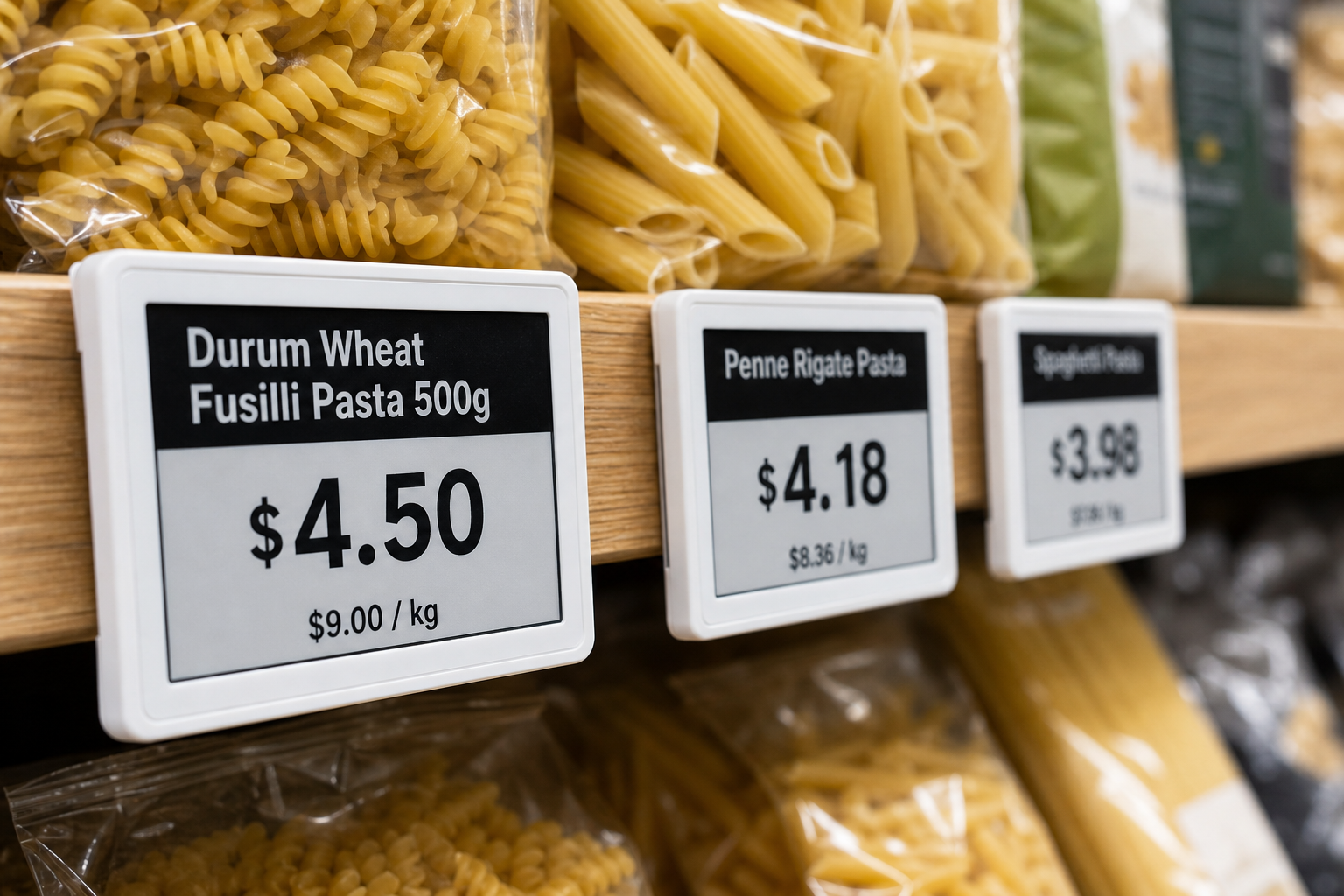 Electronic shelf labels showing $ prices on a retail shelf